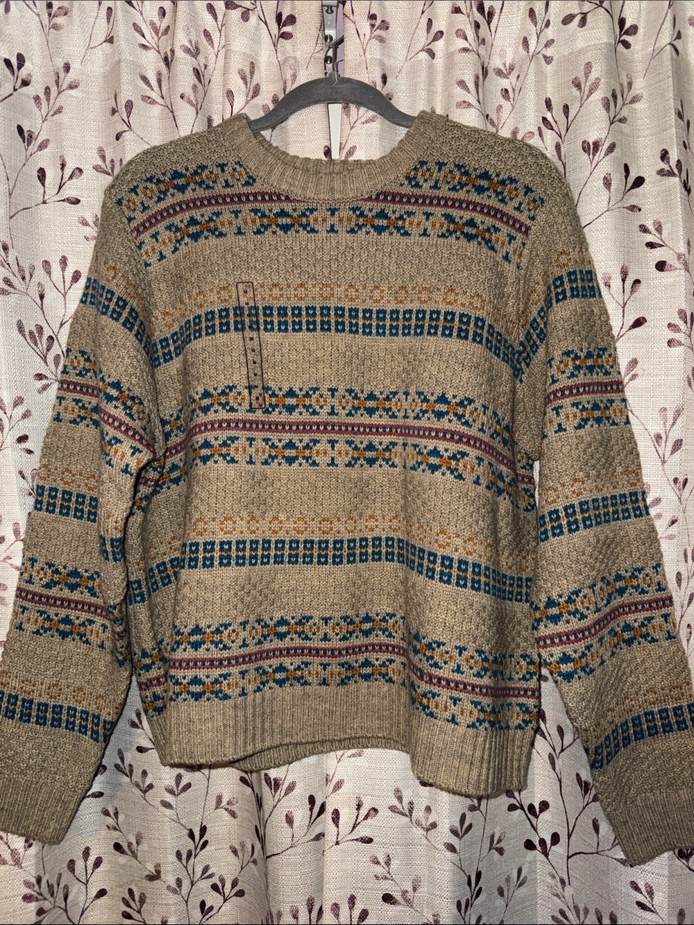 Women’s Alpine Design Sweater in Beige with Teal & Burgundy Accents